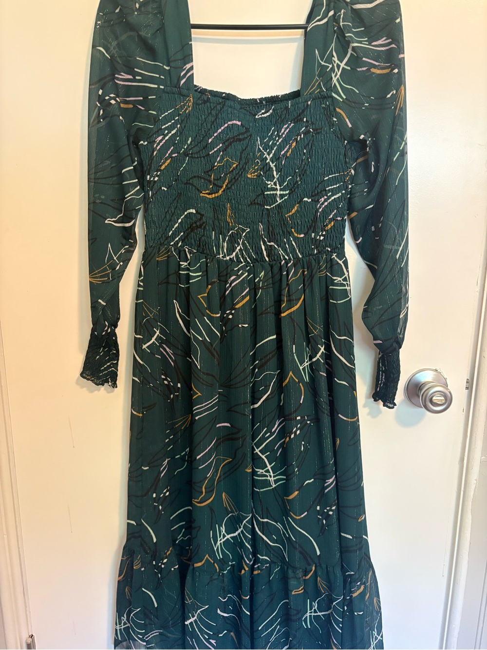 Nine West Forest Green Abstract Smocked Long Sleeve Maxi Dress